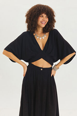 Arkadan Bağlamalı Bohem Crop Bluz Siyah | STD