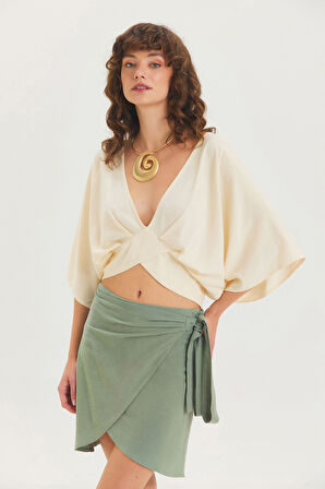 Arkadan Bağlamalı Bohem Crop Bluz Bej | STD