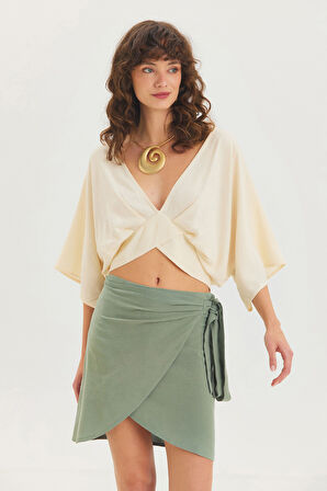 Arkadan Bağlamalı Bohem Crop Bluz Bej | STD