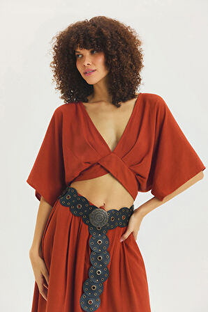 Arkadan Bağlamalı Bohem Crop Bluz Kiremit | STD