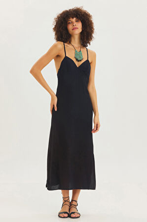 Sırt Dekolteli Askılı Midi Elbise Siyah | S