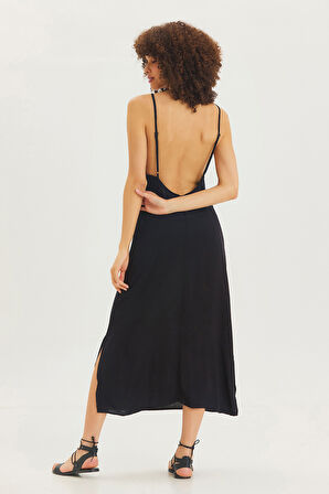 Sırt Dekolteli Askılı Midi Elbise Siyah | S