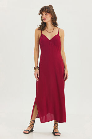 Sırt Dekolteli Askılı Midi Elbise Bordo | L