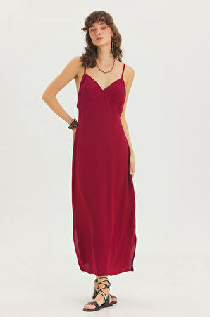 Sırt Dekolteli Askılı Midi Elbise Bordo | L