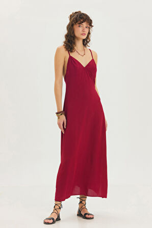 Sırt Dekolteli Askılı Midi Elbise Bordo | L