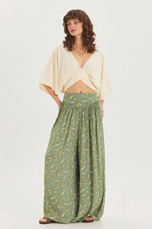 Desenli Beli Gipeli Salaş Etekli Pantolon Yeşil | S/M