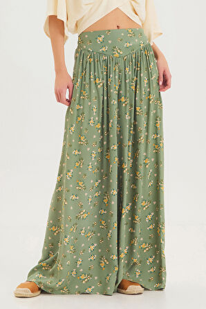 Desenli Beli Gipeli Salaş Etekli Pantolon Yeşil | S/M