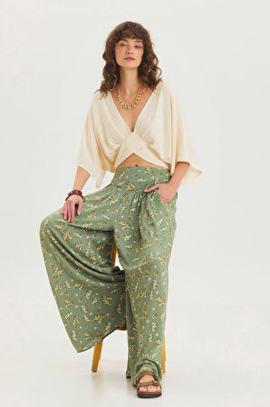 Desenli Beli Gipeli Salaş Etekli Pantolon Yeşil | S/M