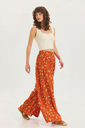 Desenli Beli Gipeli Salaş Etekli Pantolon Turuncu | S/M