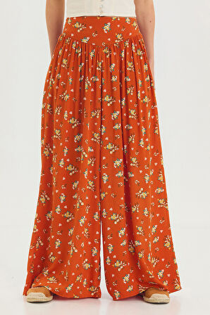 Desenli Beli Gipeli Salaş Etekli Pantolon Turuncu | S/M