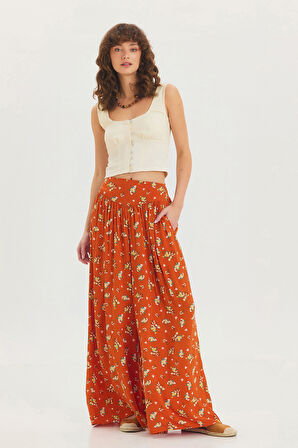 Desenli Beli Gipeli Salaş Etekli Pantolon Turuncu | S/M