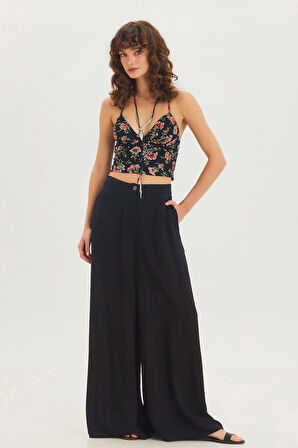 Yüksek Bel Geniş Paça Bohem Pantolon Siyah | L