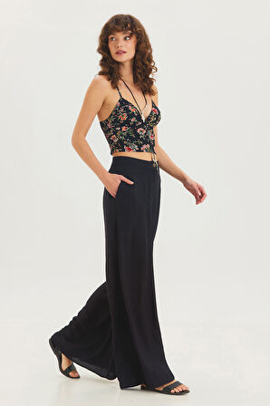 Yüksek Bel Geniş Paça Bohem Pantolon Siyah | L