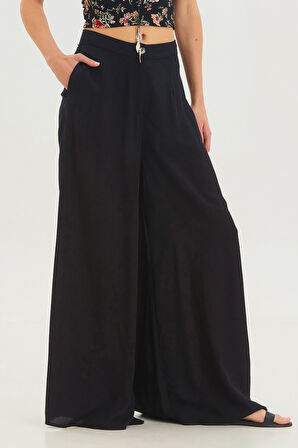 Yüksek Bel Geniş Paça Bohem Pantolon Siyah | L