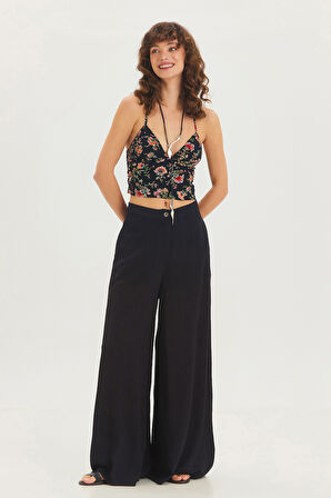 Yüksek Bel Geniş Paça Bohem Pantolon Siyah | L