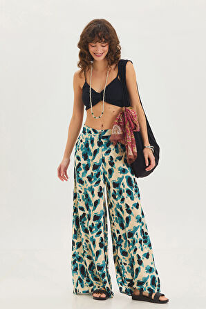 Yüksek Bel Geniş Paça Bohem Pantolon Petrol - Bej - Siyah | M