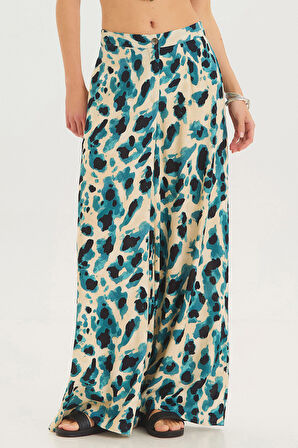 Yüksek Bel Geniş Paça Bohem Pantolon Petrol - Bej - Siyah | M