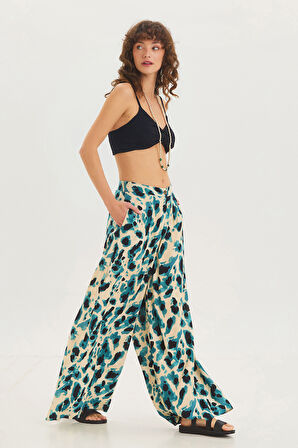 Yüksek Bel Geniş Paça Bohem Pantolon Petrol - Bej - Siyah | M