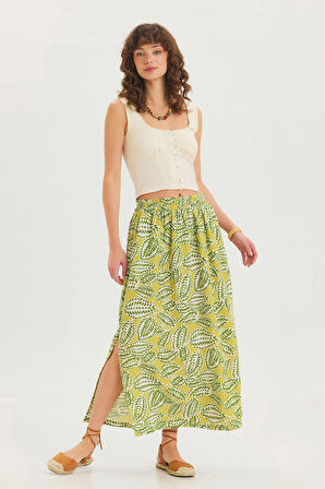 Yandan Yırtmaçlı Beli Lastikli Bohem Midi Boy Etek Yeşil | S/M