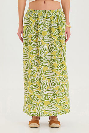 Yandan Yırtmaçlı Beli Lastikli Bohem Midi Boy Etek Yeşil | S/M