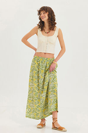 Yandan Yırtmaçlı Beli Lastikli Bohem Midi Boy Etek Yeşil | S/M