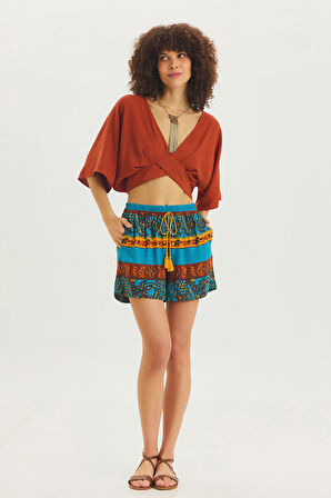 Beli Lastikli Desenli Yazlık Mini Şort Petrol | S