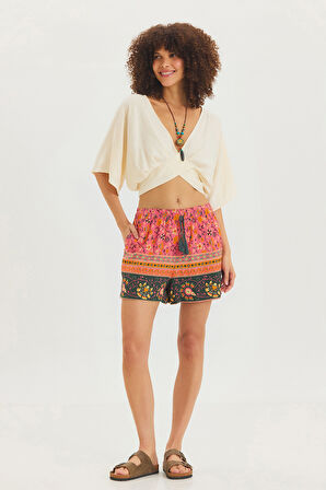 Beli Lastikli Desenli Yazlık Mini Şort Pembe | M