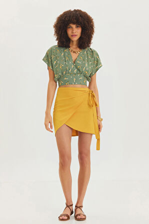 V Yakalı Düşük Kollu Bohem Bluz Yeşil | S