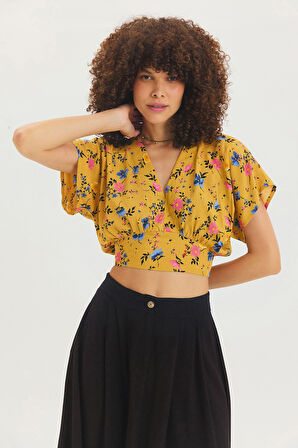 V Yakalı Düşük Kollu Bohem Bluz Sarı | S