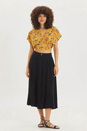 V Yakalı Düşük Kollu Bohem Bluz Sarı | S