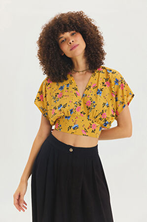 V Yakalı Düşük Kollu Bohem Bluz Sarı | S