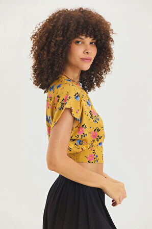 V Yakalı Düşük Kollu Bohem Bluz Sarı | S