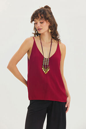V Yaka Minimal Askılı Bluz Bordo | S