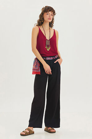 V Yaka Minimal Askılı Bluz Bordo | S