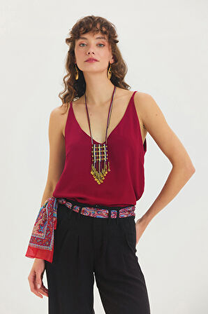 V Yaka Minimal Askılı Bluz Bordo | S