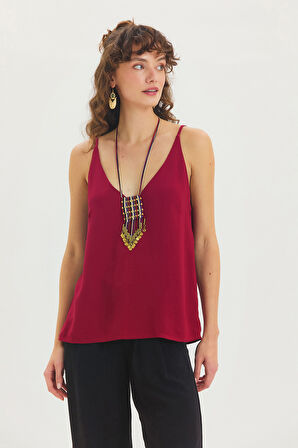 V Yaka Minimal Askılı Bluz Bordo | S