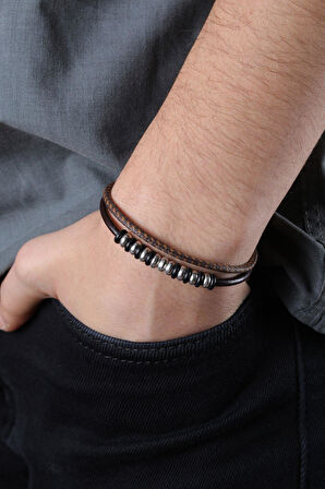 MRHERO Unisex Halat İpli Metal Aksesuarlı El Yapımı Hakiki Deri Bileklik MH001 KOYU KAHVERENGİ