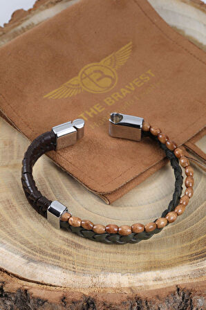 MRHERO Erkek İki Örgü Boncuk Kombin El Yapımı Hakiki Deri Bileklik MH025 TABA RENGİ