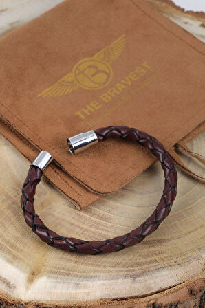 MRHERO Erkek Tek Örgü Hakiki Deri El Yapımı Deri Bileklik MH033 BORDO