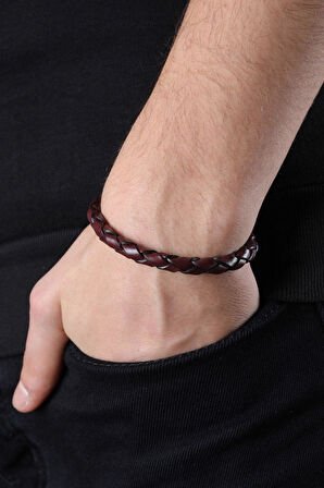 MRHERO Erkek Tek Örgü Hakiki Deri El Yapımı Deri Bileklik MH033 BORDO