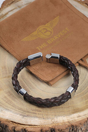 MRHERO Unisex Double Çift Örgü Hakiki Deri El Yapımı Deri Bileklik MH031 KAHVERENGİ