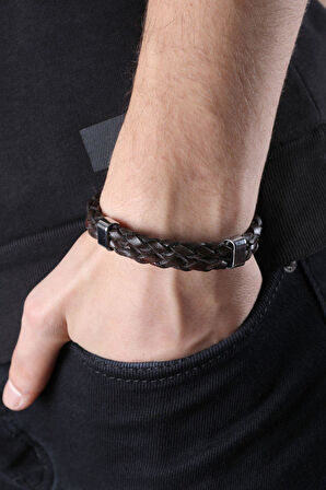 MRHERO Unisex Double Çift Örgü Hakiki Deri El Yapımı Deri Bileklik MH031 KAHVERENGİ