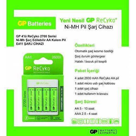 GP Şarj Cihazı, GPE411 + 4x2700 mAh Şarjlı Pil