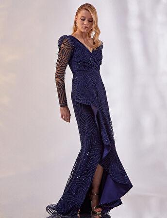 Volanlı Balık Form Abiye-Lacivert | 44