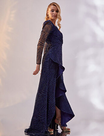 Volanlı Balık Form Abiye-Lacivert | 44