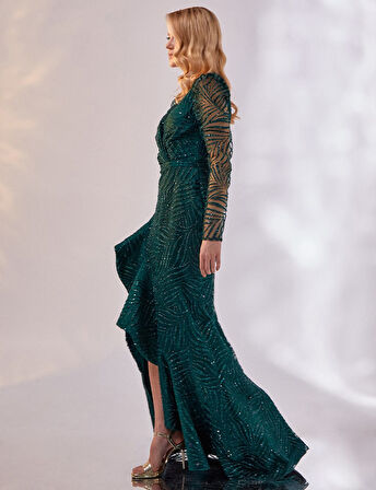 Volanlı Balık Form Abiye-Zümrüt | 40