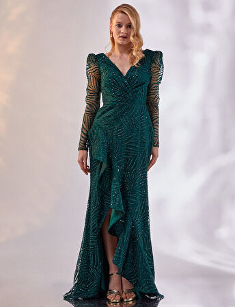 Volanlı Balık Form Abiye-Zümrüt | 44