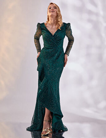 Volanlı Balık Form Abiye-Zümrüt | 44