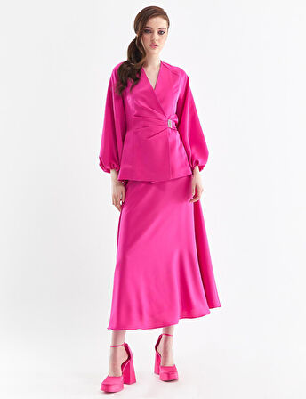 Balon Kol Kruvaze Bluz Etek Takım-Fuşya | 42