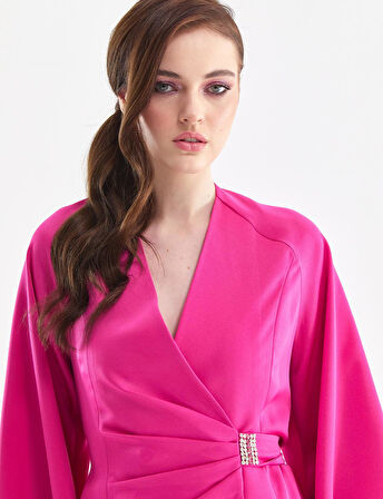 Balon Kol Kruvaze Bluz Etek Takım-Fuşya | 42